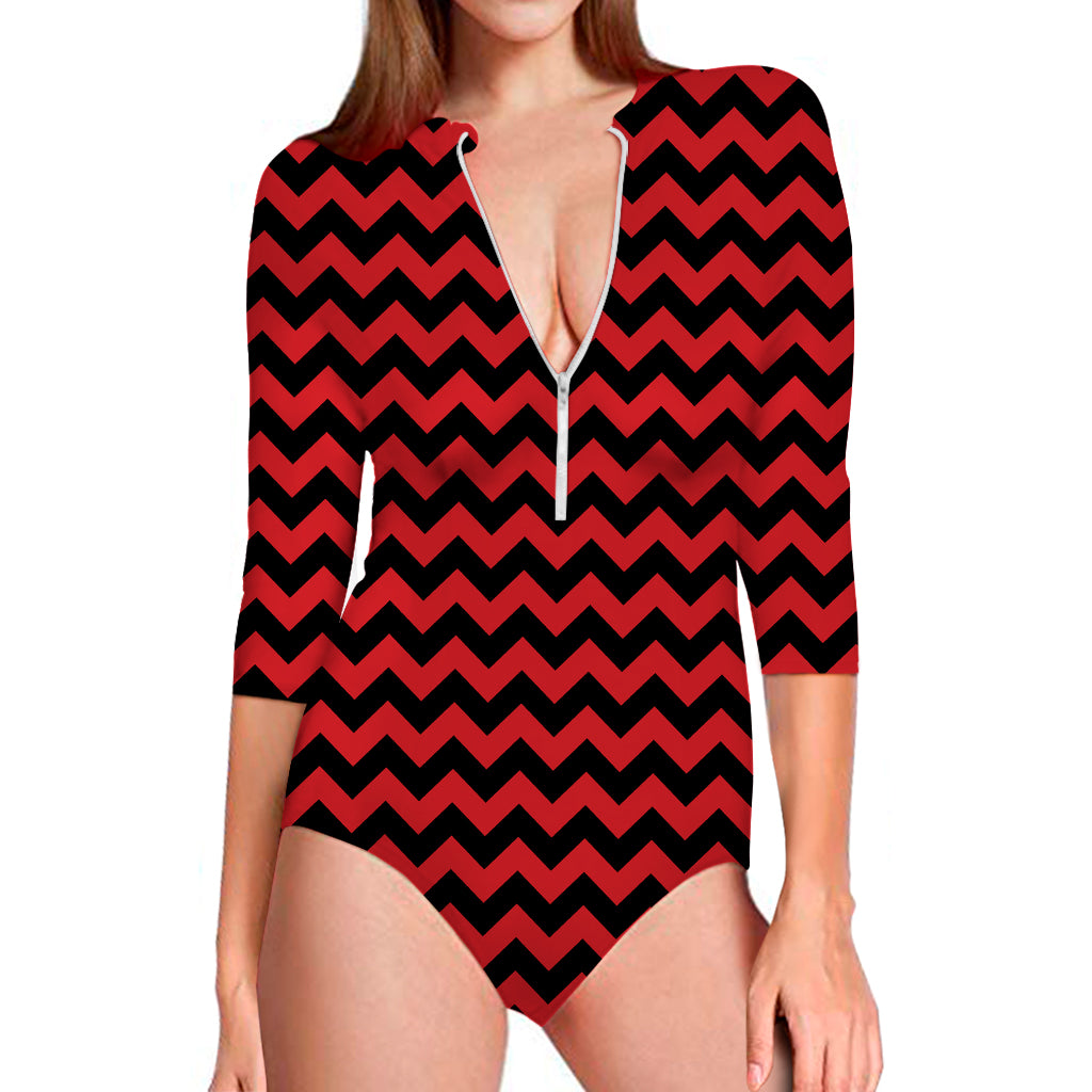 Red And Black Chevron Pattern Print Long Sleeve Swimsuit
