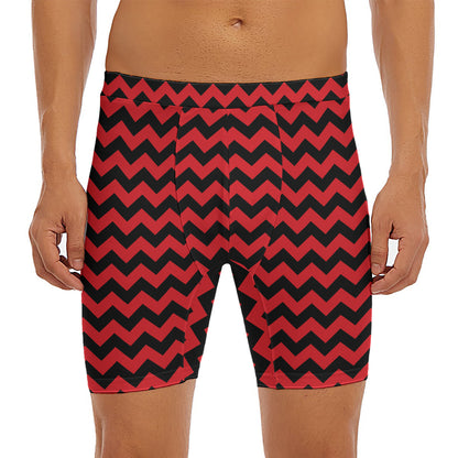 Red And Black Chevron Pattern Print Men's Long Boxer Briefs