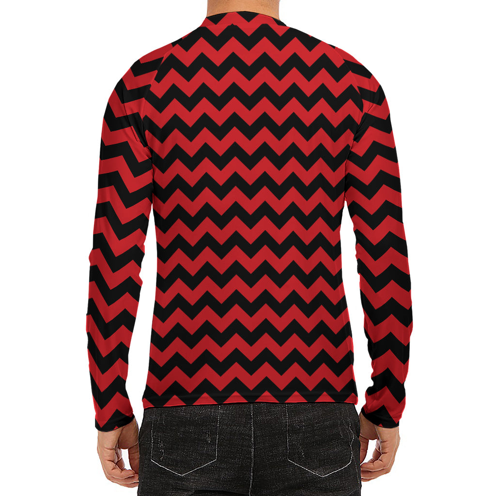 Red And Black Chevron Pattern Print Men's Long Sleeve Rash Guard