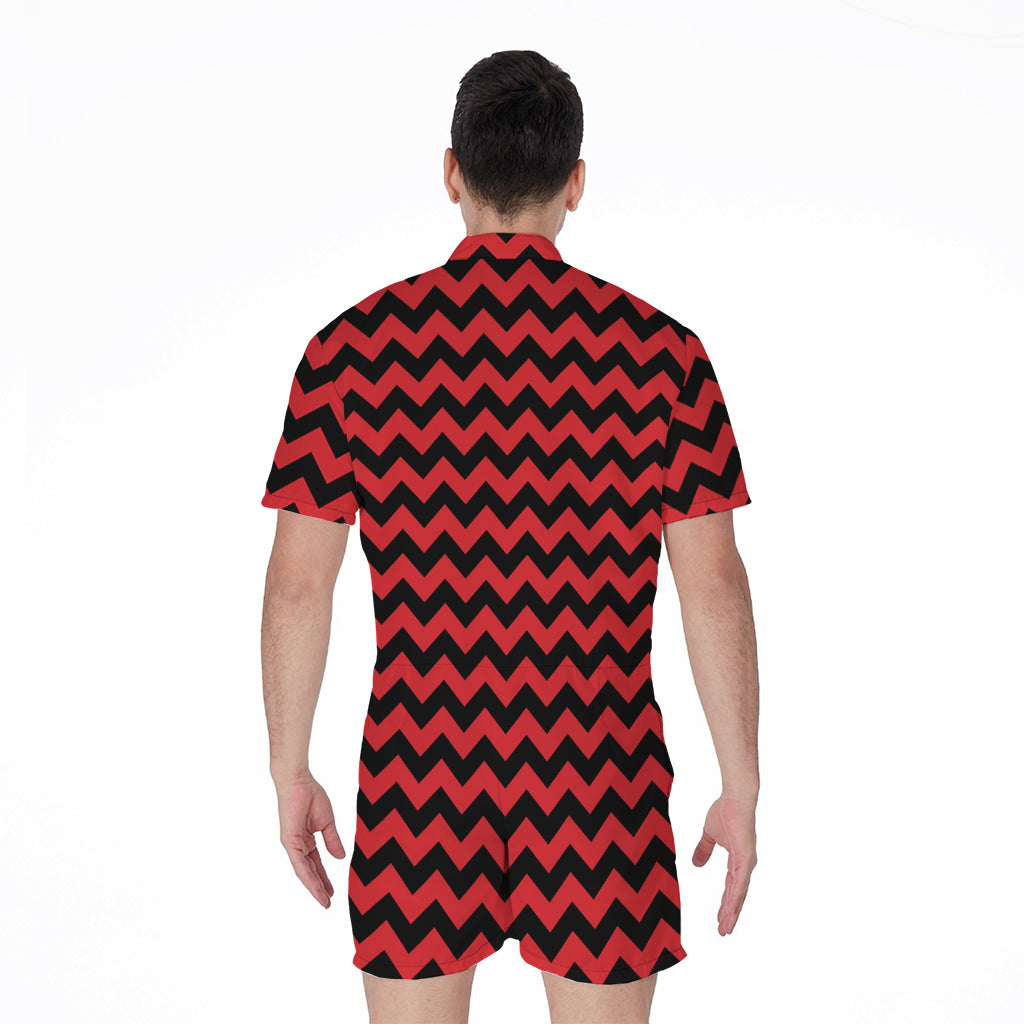 Red And Black Chevron Pattern Print Men's Rompers