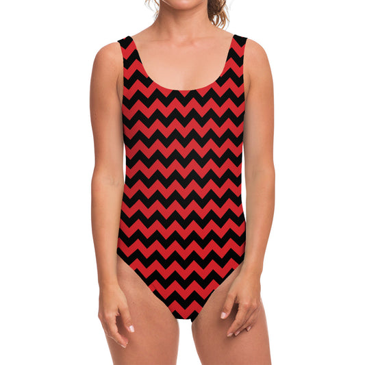 Red And Black Chevron Pattern Print One Piece Swimsuit