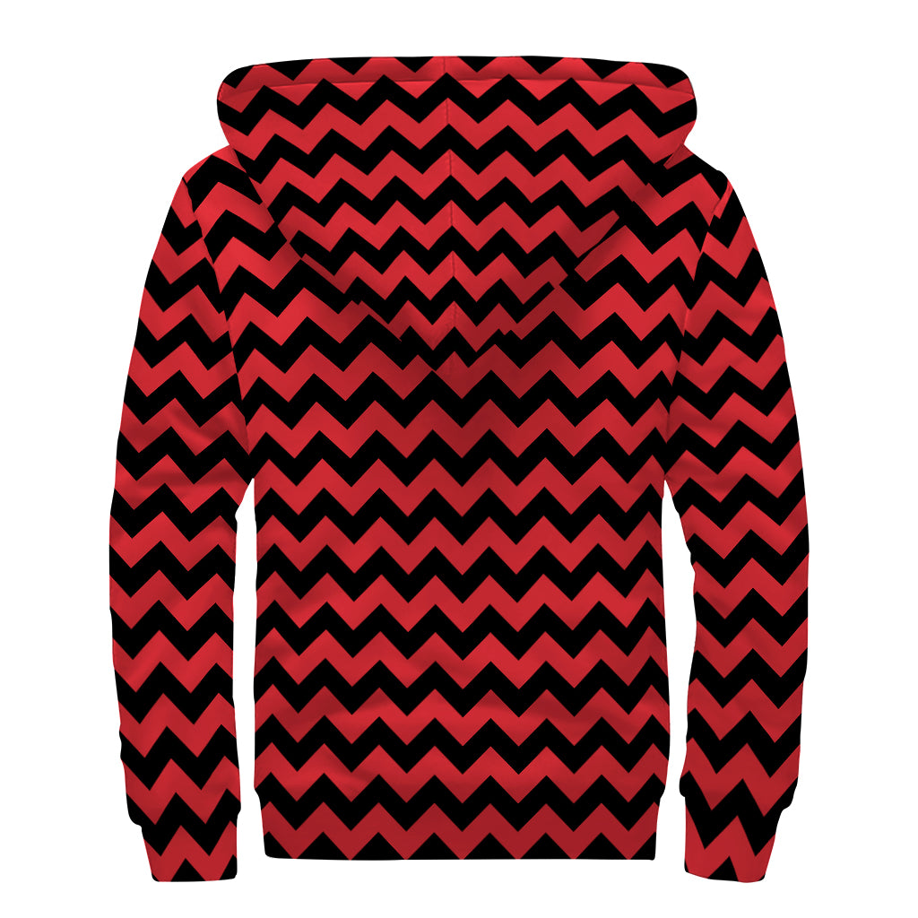 Red And Black Chevron Pattern Print Sherpa Lined Zip Up Hoodie
