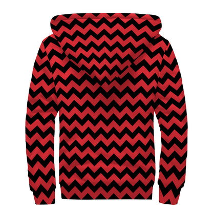 Red And Black Chevron Pattern Print Sherpa Lined Zip Up Hoodie