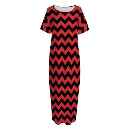 Red And Black Chevron Pattern Print Short Sleeve Long Nightdress