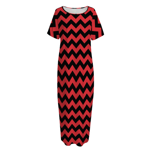 Red And Black Chevron Pattern Print Short Sleeve Long Nightdress