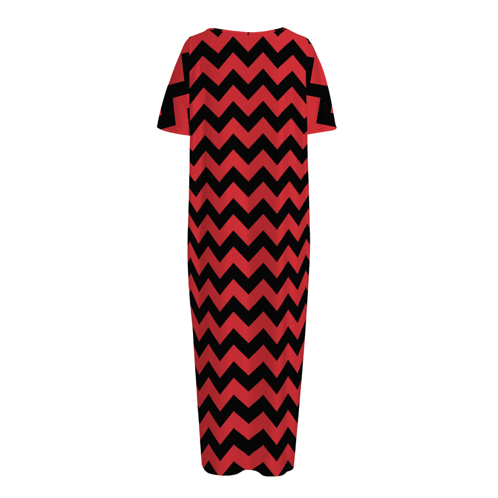 Red And Black Chevron Pattern Print Short Sleeve Long Nightdress