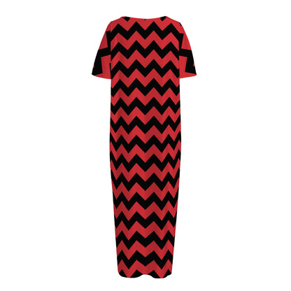 Red And Black Chevron Pattern Print Short Sleeve Long Nightdress