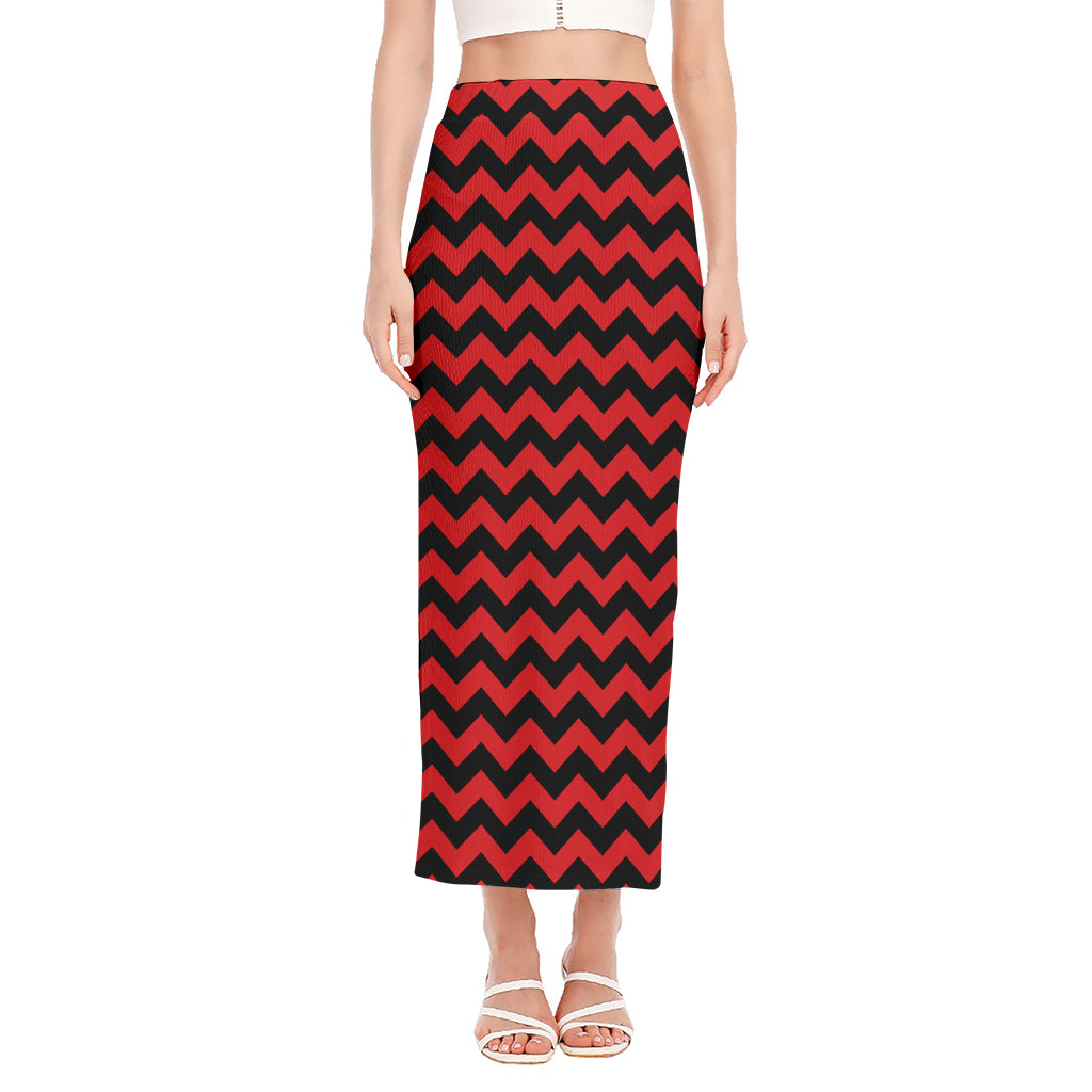Red And Black Chevron Pattern Print Side Slit Maxi Skirt