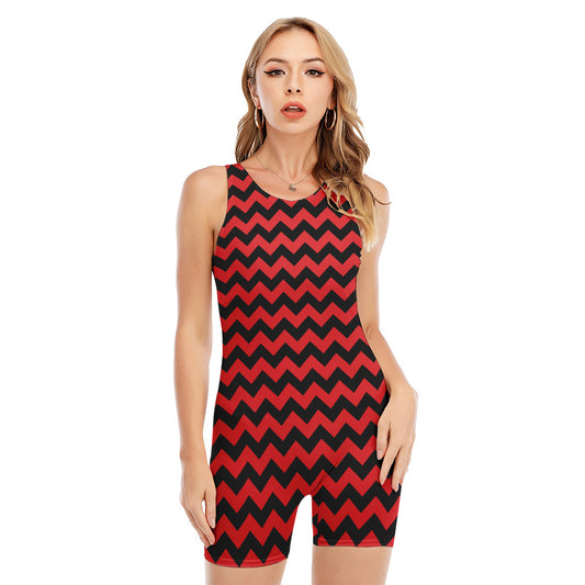 Red And Black Chevron Pattern Print Sleeveless One Piece Swimsuit