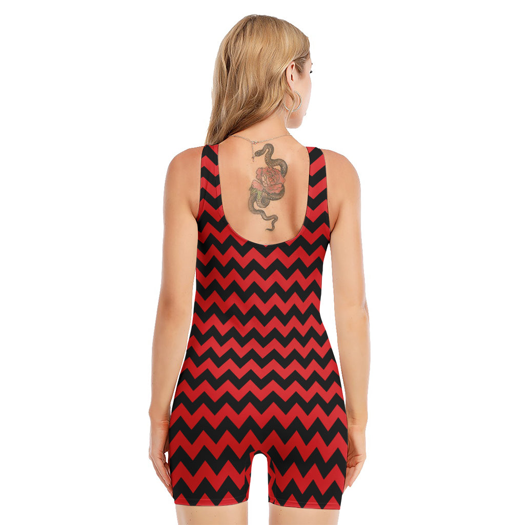 Red And Black Chevron Pattern Print Sleeveless One Piece Swimsuit