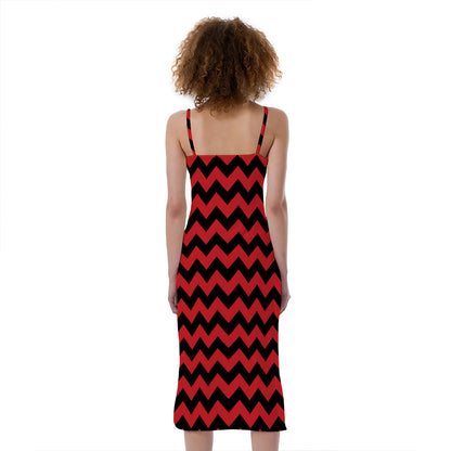 Red And Black Chevron Pattern Print Slim Fit Midi Cami Dress