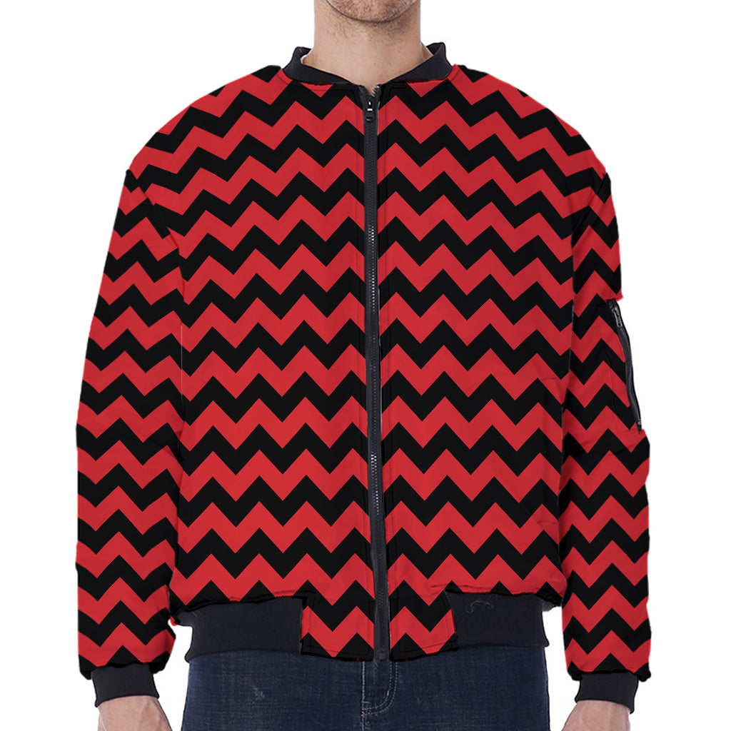 Red And Black Chevron Pattern Print Zip Sleeve Bomber Jacket
