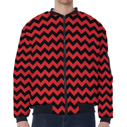 Red And Black Chevron Pattern Print Zip Sleeve Bomber Jacket