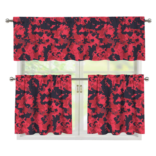 Red And Black Digital Camo Pattern Print 3 Piece Kitchen Curtains
