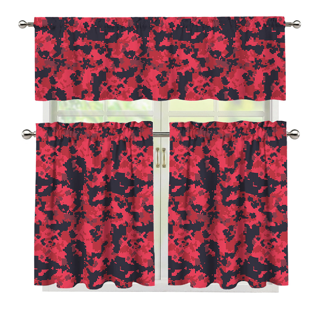 Red And Black Digital Camo Pattern Print 3 Piece Kitchen Curtains