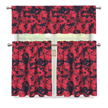 Red And Black Digital Camo Pattern Print 3 Piece Kitchen Curtains