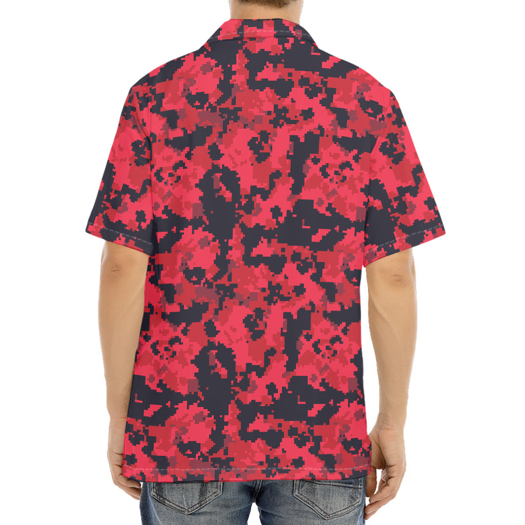 Red And Black Digital Camo Pattern Print Aloha Shirt