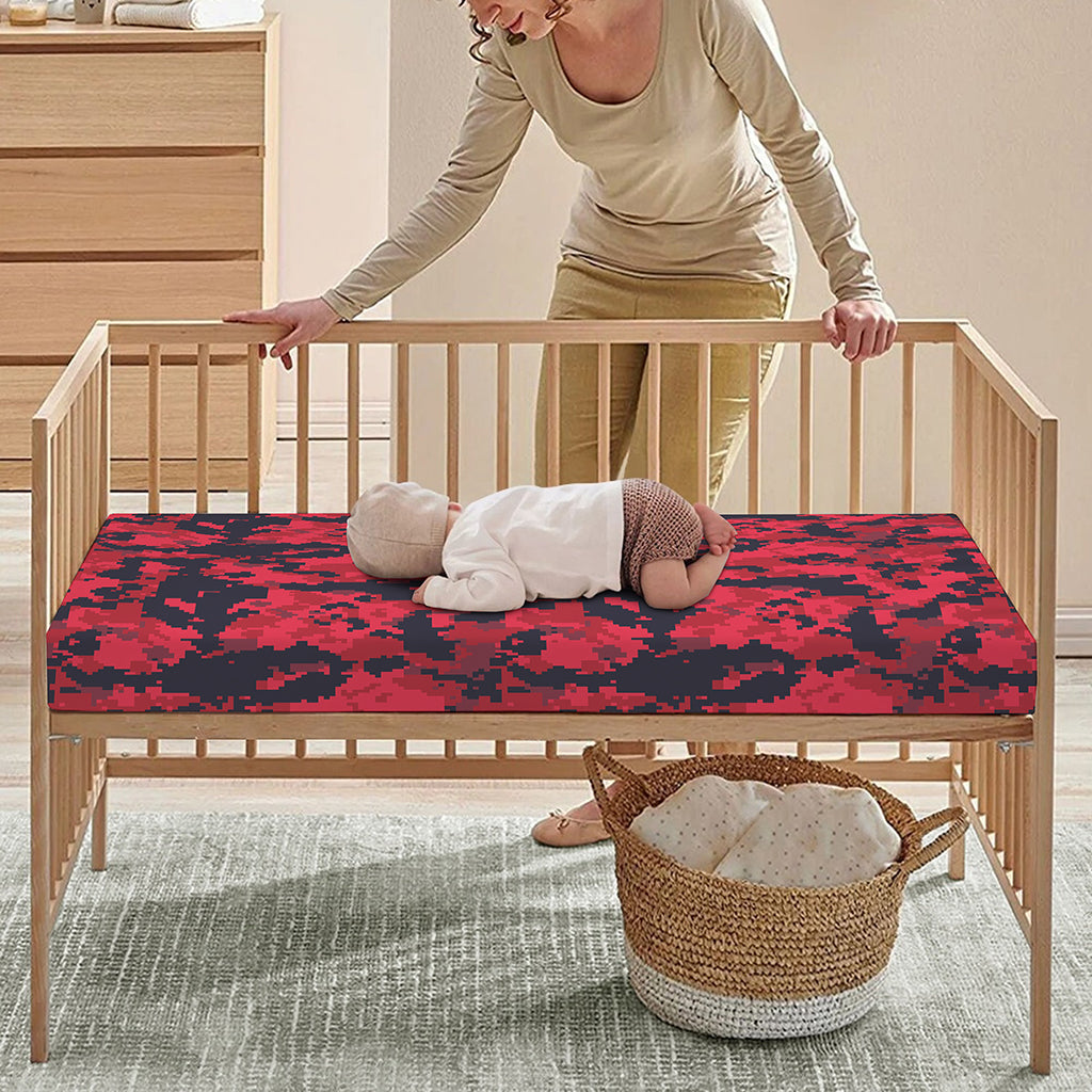Red And Black Digital Camo Pattern Print Baby Crib Sheet