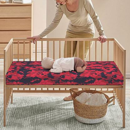 Red And Black Digital Camo Pattern Print Baby Crib Sheet