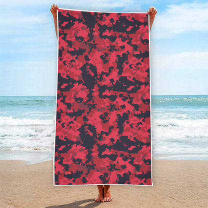 Red And Black Digital Camo Pattern Print Beach Towel