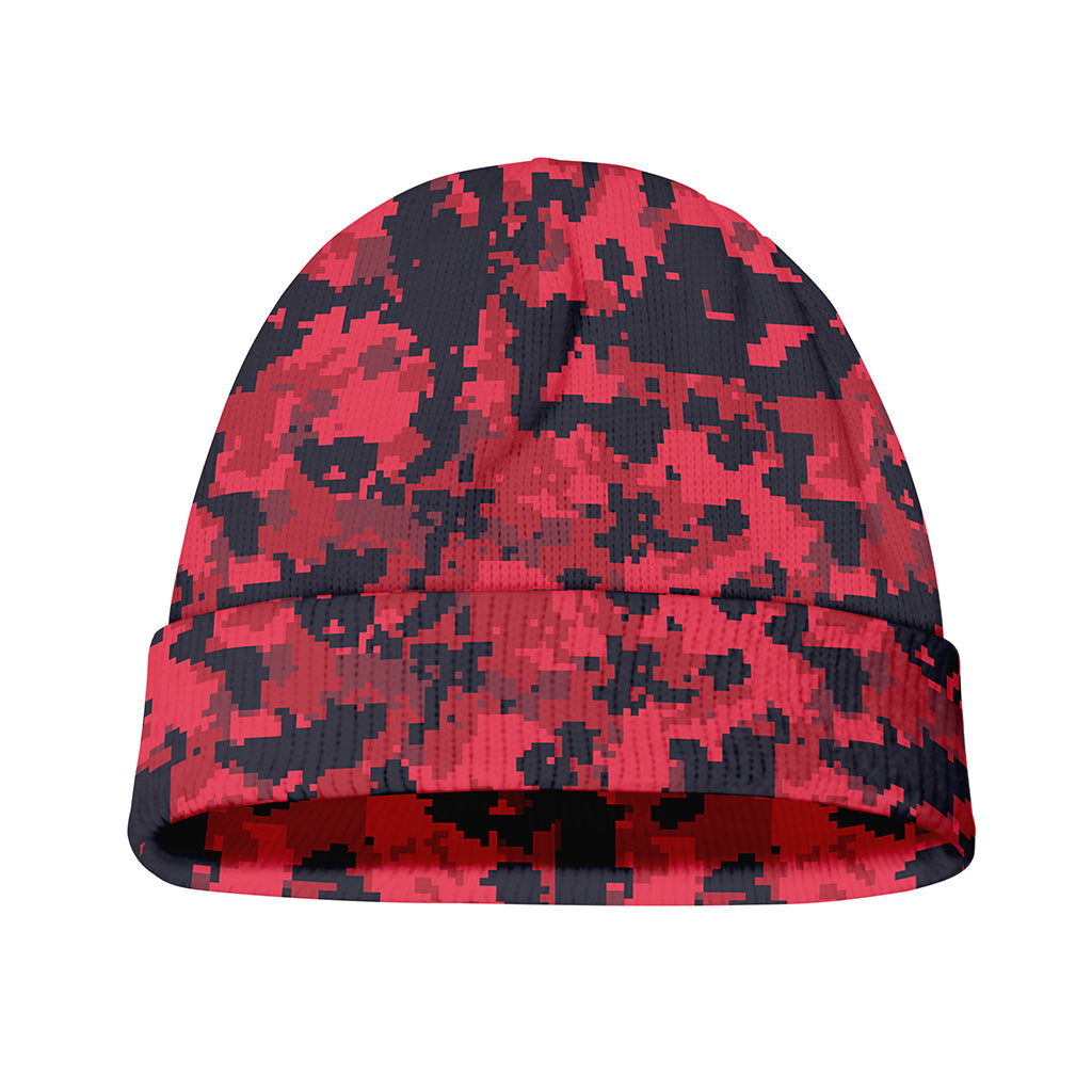 Red And Black Digital Camo Pattern Print Beanie