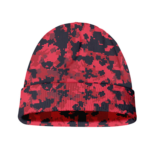 Red And Black Digital Camo Pattern Print Beanie