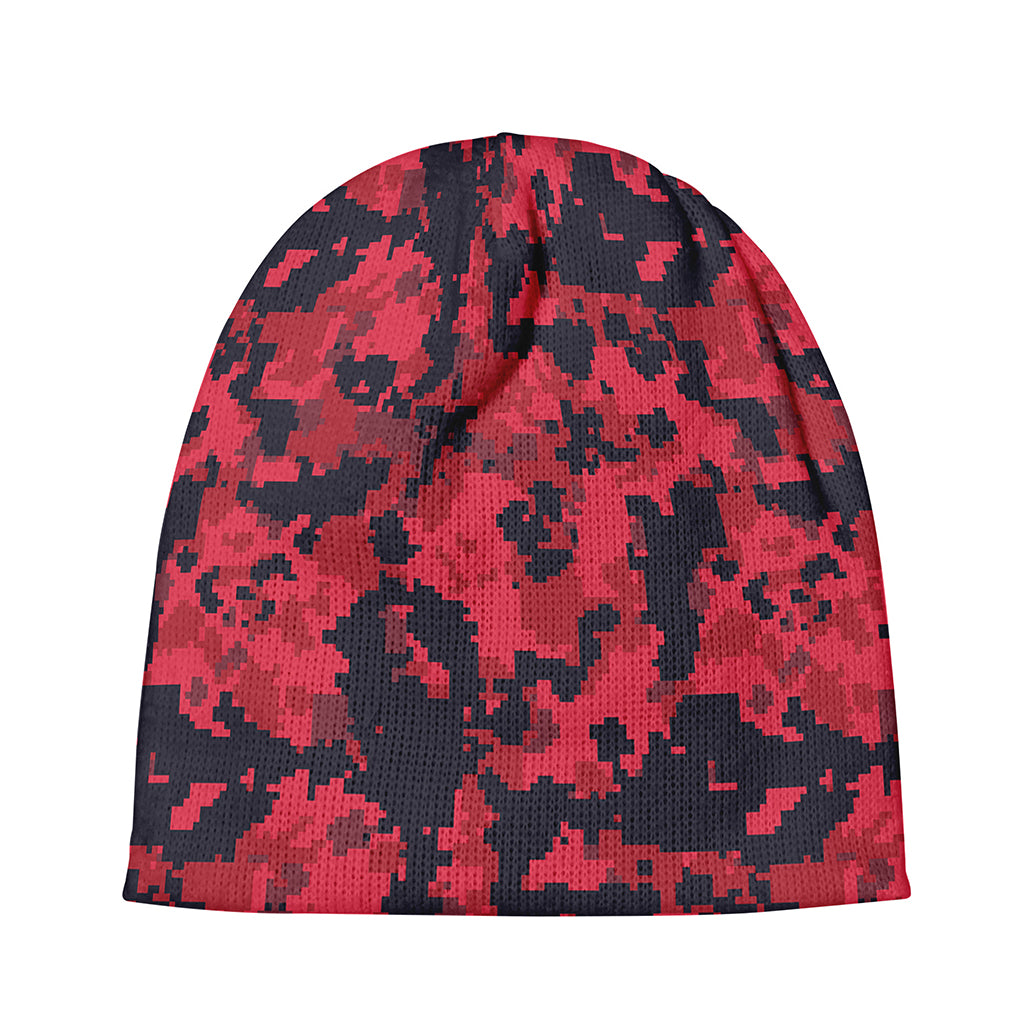 Red And Black Digital Camo Pattern Print Beanie