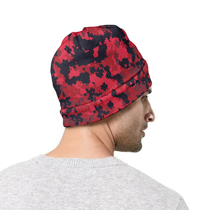 Red And Black Digital Camo Pattern Print Beanie