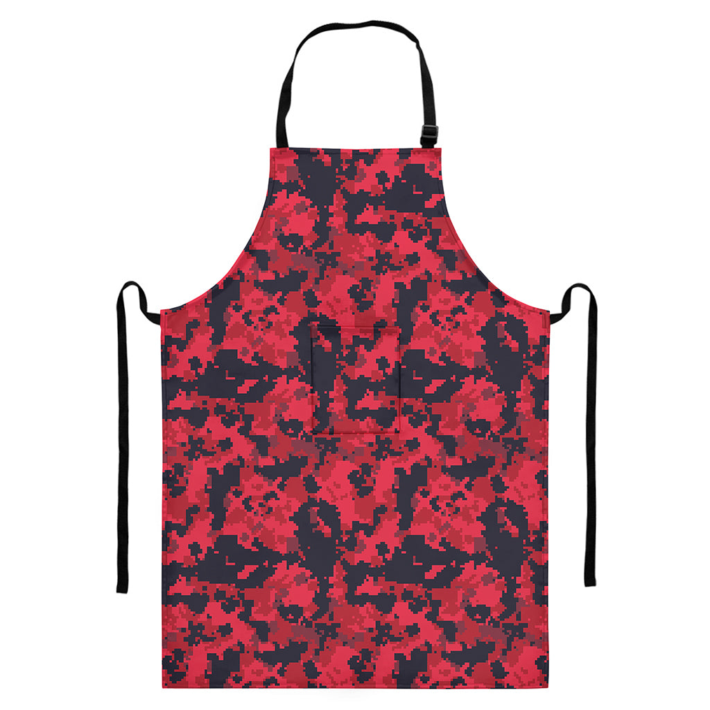 Red And Black Digital Camo Pattern Print Bib Apron With Pocket