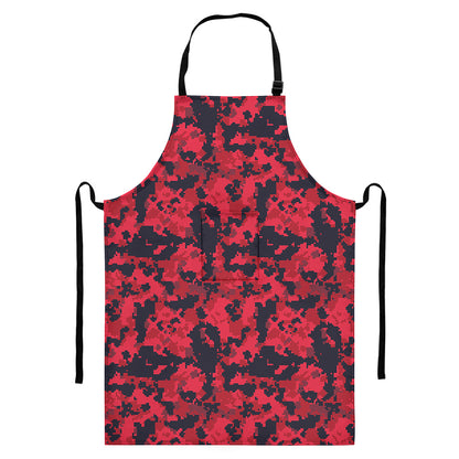 Red And Black Digital Camo Pattern Print Bib Apron With Pocket