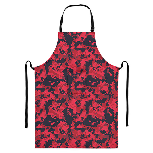 Red And Black Digital Camo Pattern Print Bib Apron With Pocket
