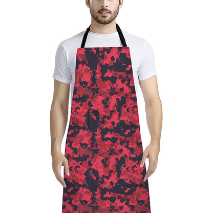 Red And Black Digital Camo Pattern Print Bib Apron With Pocket