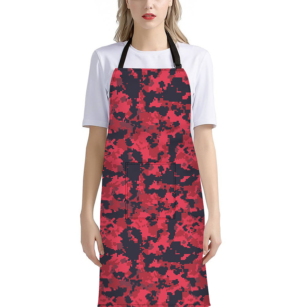 Red And Black Digital Camo Pattern Print Bib Apron With Pocket