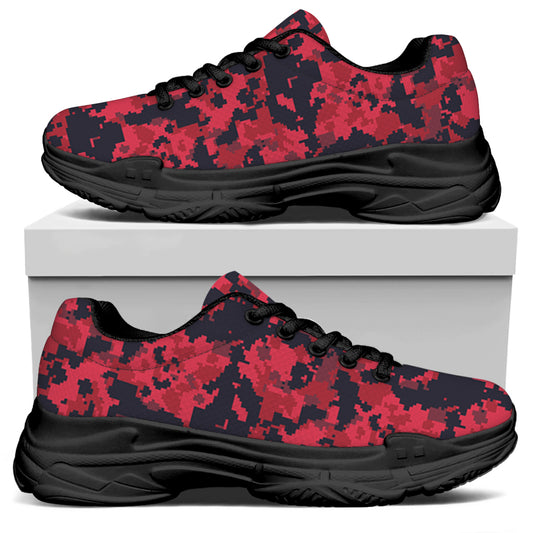 Red And Black Digital Camo Pattern Print Black Chunky Shoes