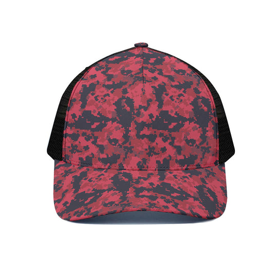 Red And Black Digital Camo Pattern Print Black Mesh Trucker Cap