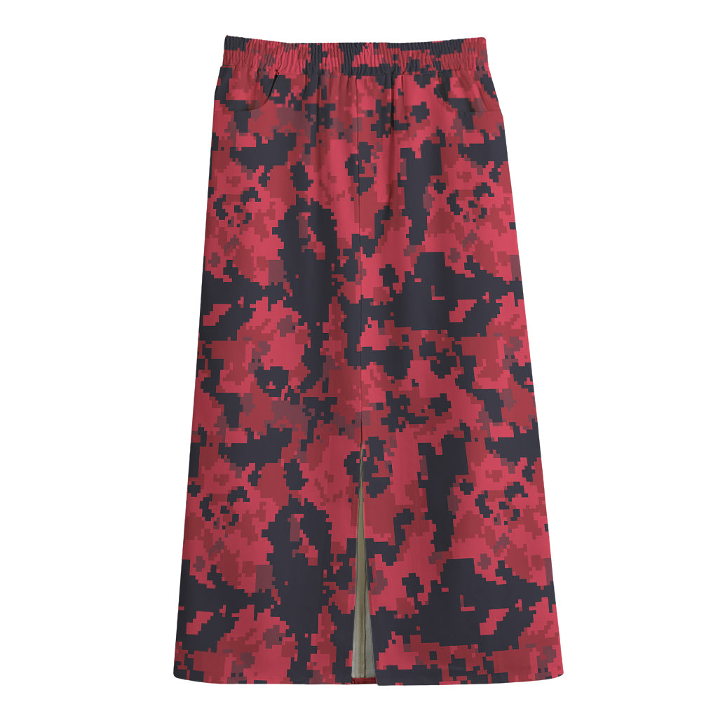Red And Black Digital Camo Pattern Print Cotton Front Slit Maxi Skirt