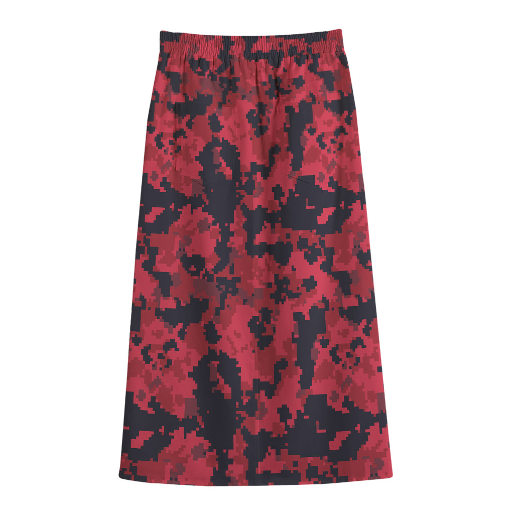 Red And Black Digital Camo Pattern Print Cotton Front Slit Maxi Skirt