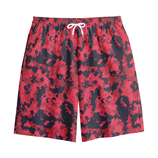 Red And Black Digital Camo Pattern Print Cotton Shorts