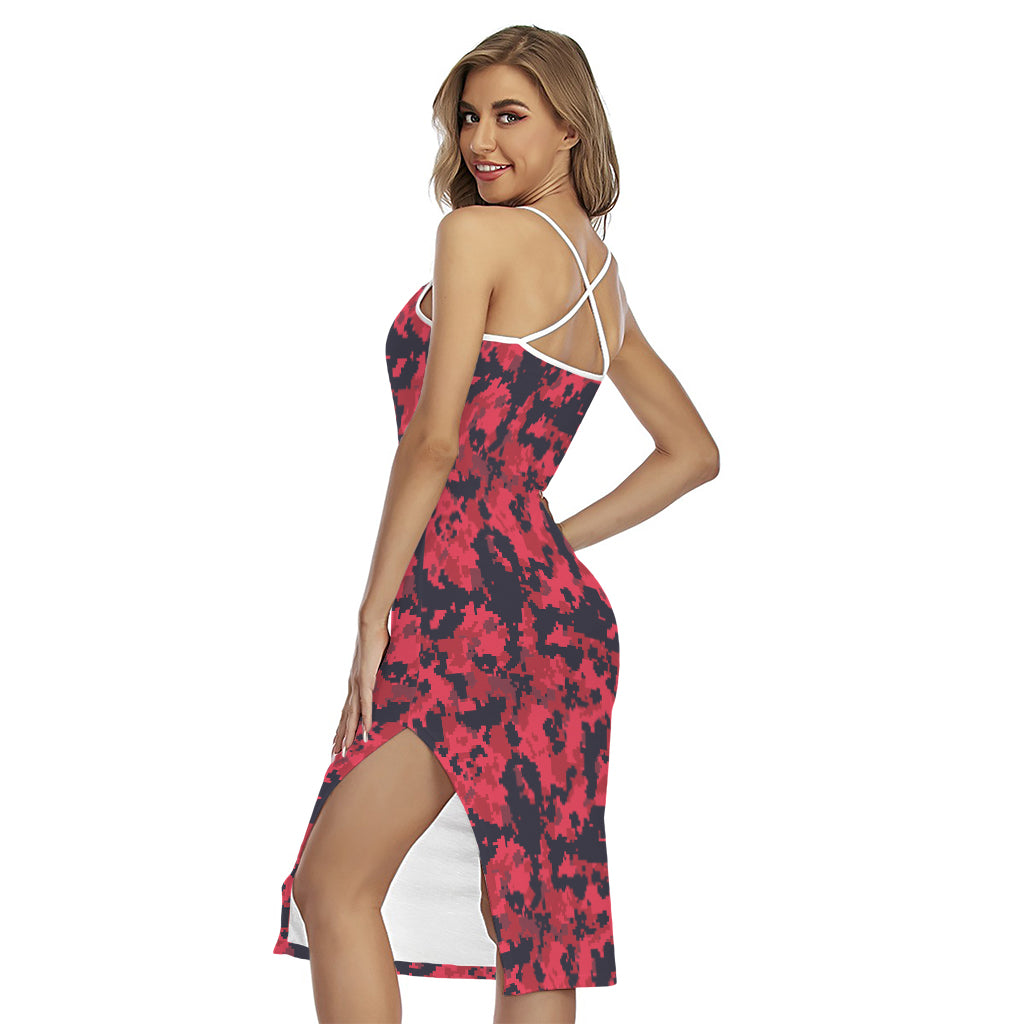 Red And Black Digital Camo Pattern Print Cross Back Cami Dress