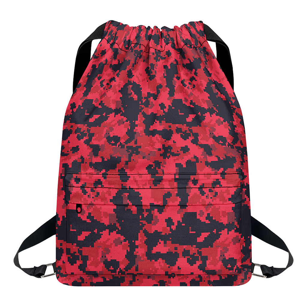 Red And Black Digital Camo Pattern Print Drawstring Backpack