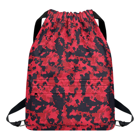 Red And Black Digital Camo Pattern Print Drawstring Backpack