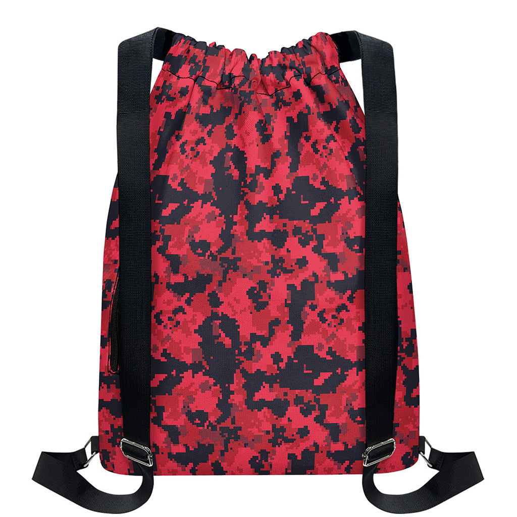 Red And Black Digital Camo Pattern Print Drawstring Backpack