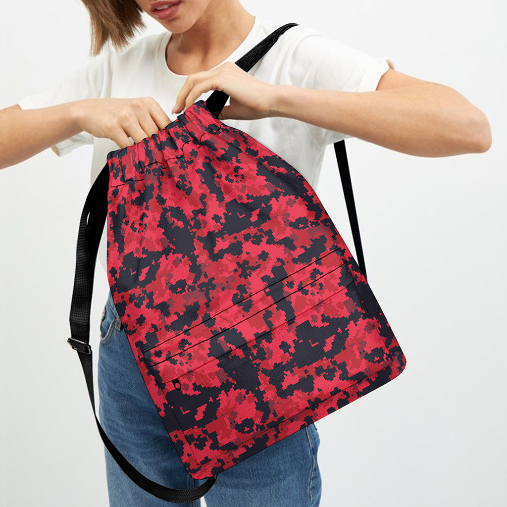 Red And Black Digital Camo Pattern Print Drawstring Backpack