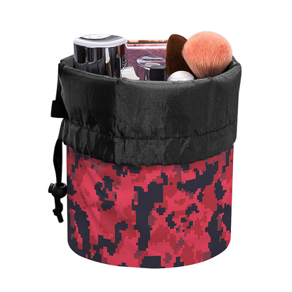Red And Black Digital Camo Pattern Print Drawstring Makeup Bag