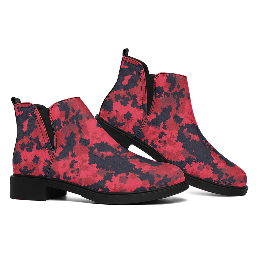 Red And Black Digital Camo Pattern Print Flat Ankle Boots