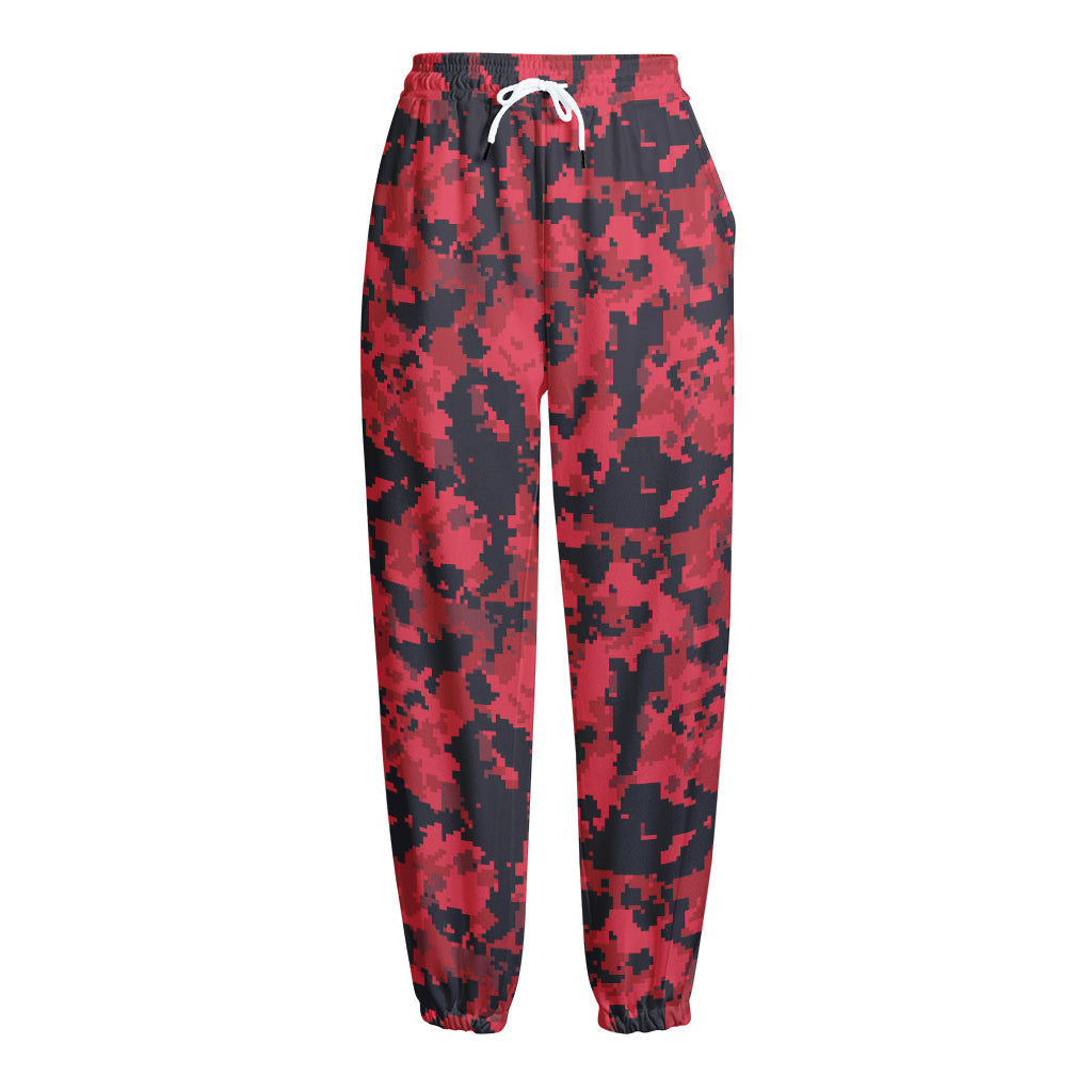 Red And Black Digital Camo Pattern Print Fleece Lined Knit Pants