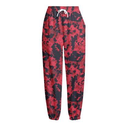 Red And Black Digital Camo Pattern Print Fleece Lined Knit Pants