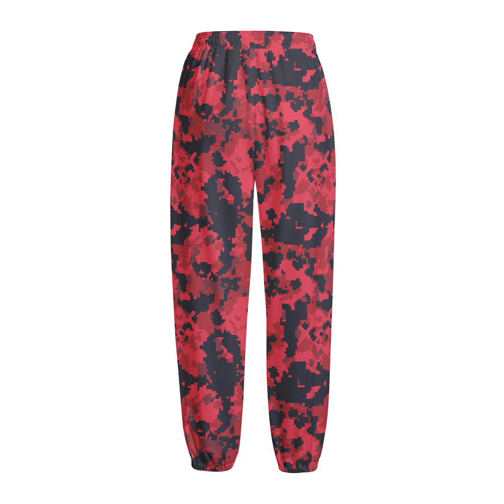 Red And Black Digital Camo Pattern Print Fleece Lined Knit Pants
