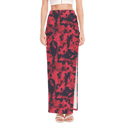 Red And Black Digital Camo Pattern Print High Slit Maxi Skirt