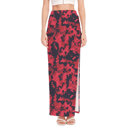 Red And Black Digital Camo Pattern Print High Slit Maxi Skirt